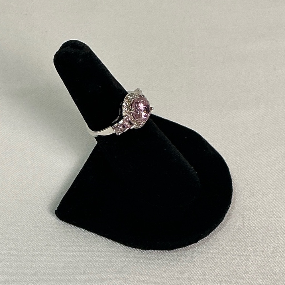 Estate Jewelry Pink Gemstone CZ with baguettes Silver Cocktail Ring Sz 6 Vintage - Picture 4 of 6